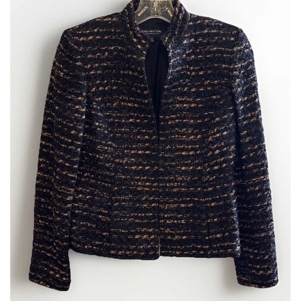 VTG Jones New York Jacket Sz4P OpenFront Tweed Blazer Metallic Knit Preppy Caree